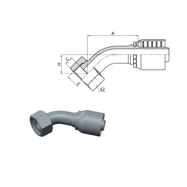 Hose Tail one piece hose fittings ORFS female Thread 45o Elbow