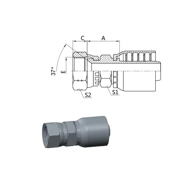 One piece Hose Fitting Back up Hex JIC 37° female Thread Straight
